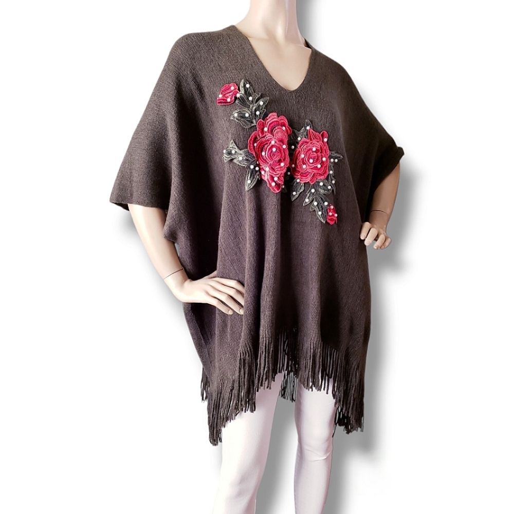 C-Mode Olive Green, Red Rose Embellished & Pearled Fringe Hem Poncho